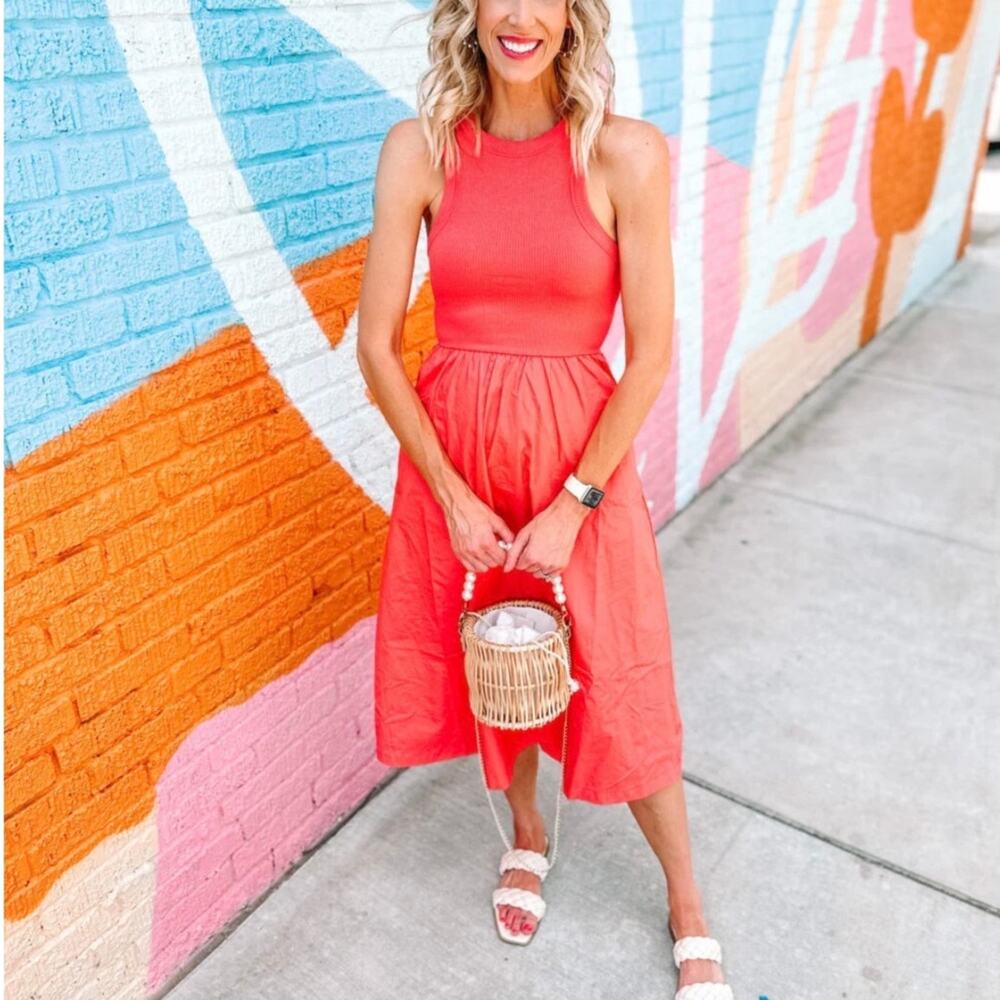 Old Navy Fit Flare High-Neck Combination Rib Sleeveless Midi Dress Coral Size L
